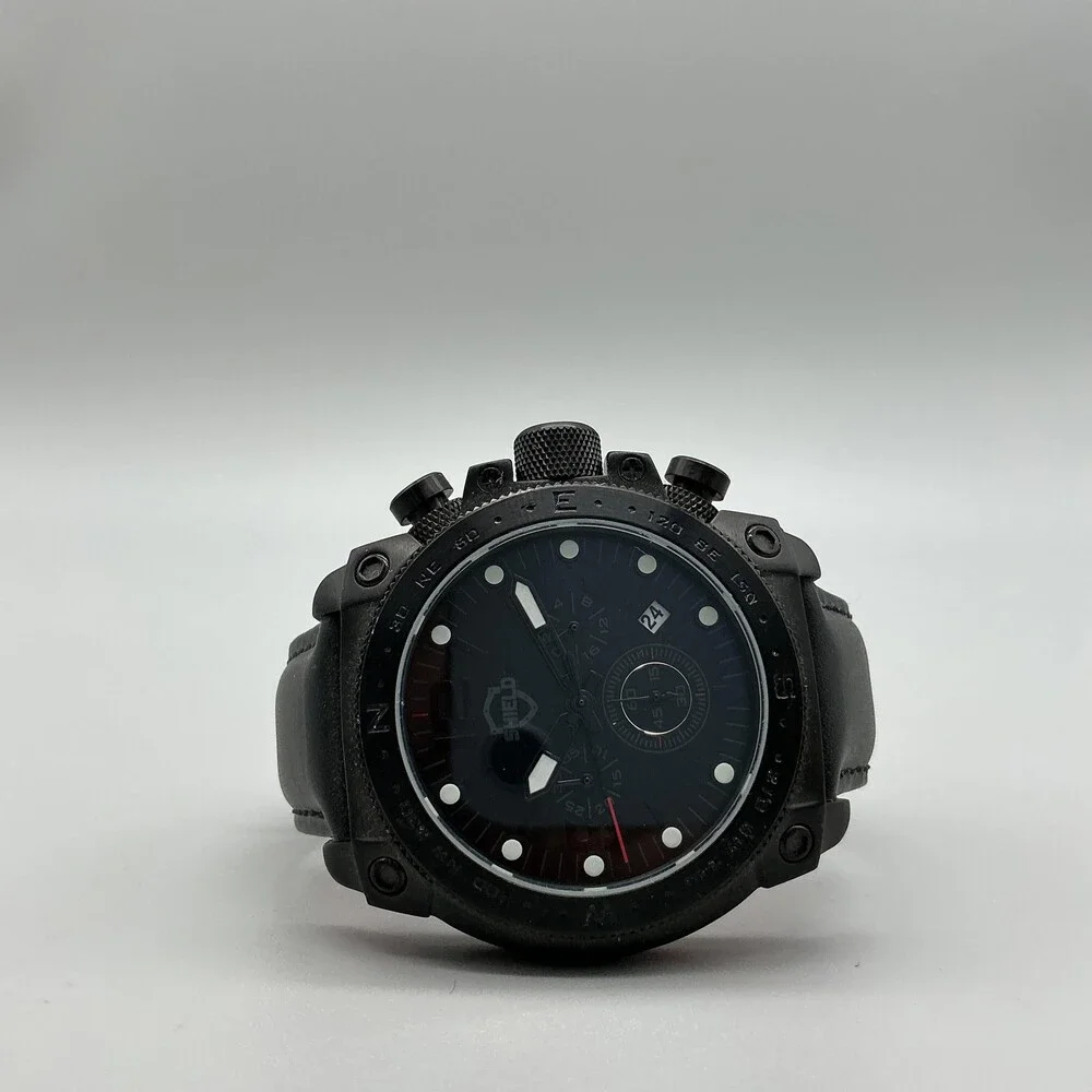 Shield Tesei Chronograph Mens Watch 49mm Black Dial Leather Date New Battery